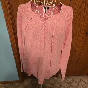 Jones New York Signature Pink 100% Cotton Sweater M Dolman Sleeves Lace Up Neck